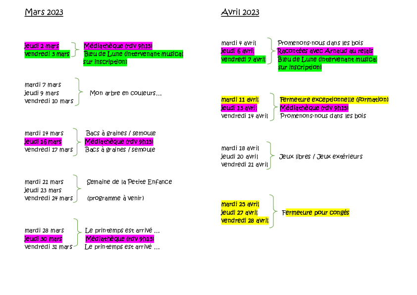 Planning mars/avril 2023