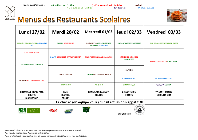 Menus du 27 février au 31 mars 2023