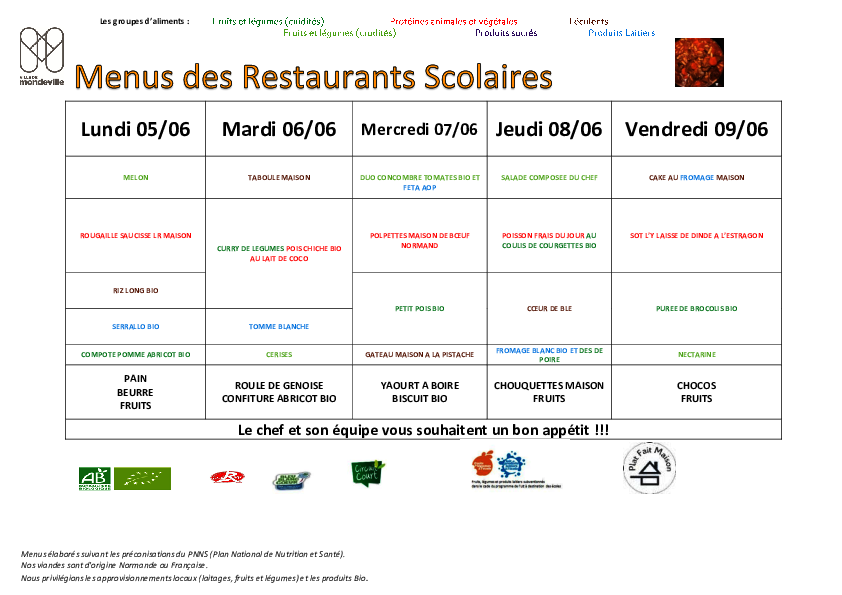 Menus du 5 juin au 8 juillet 2023