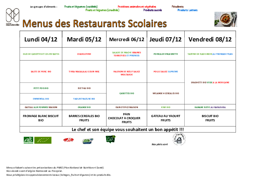 Menus du 4 au 22 décembre 2023