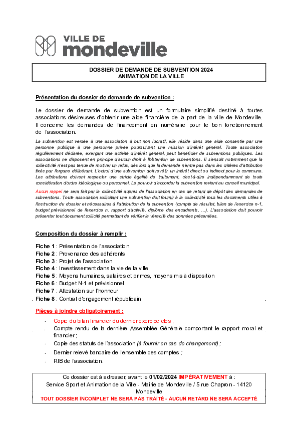 Dossier subvention animations de la ville 2024