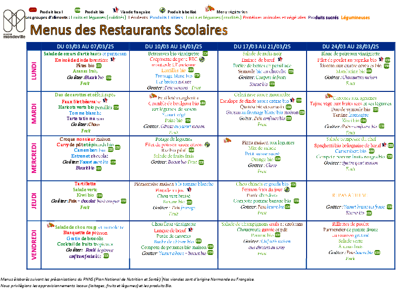 Menus du 3 au 28 mars 2025