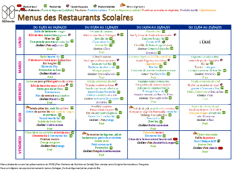 Menus du 31 mars au 2 mai 2025