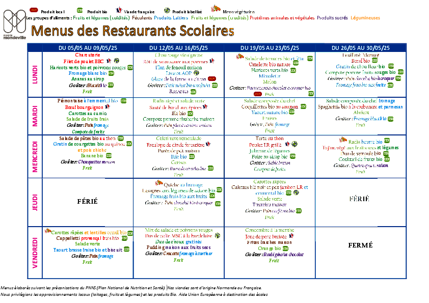 Menus du 5 au 30 mai 2025