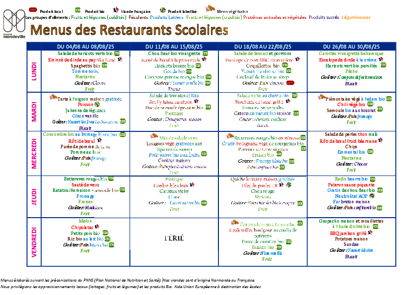 Menus du 4 au 30 aout 2025