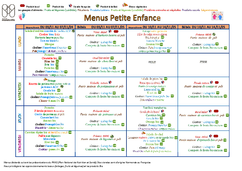 Menus du 3 au 14 novembre 2025 Menus du 3 au 14 novembre 2025
