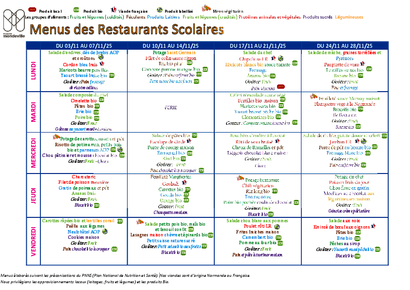 Menus du 3 au 28 novembre 2025 Menus du 3 au 28 novembre 2025