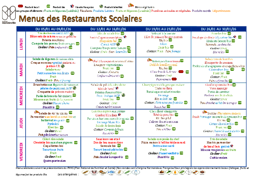 Menus du 5 au 30 janvier 2026