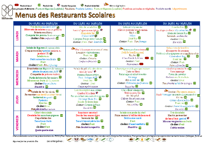Menus du 5 au 30 janvier 2026