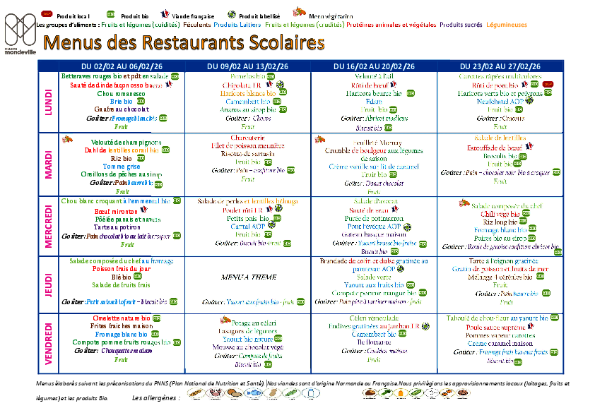 Menus du 2 au 27 février 2026