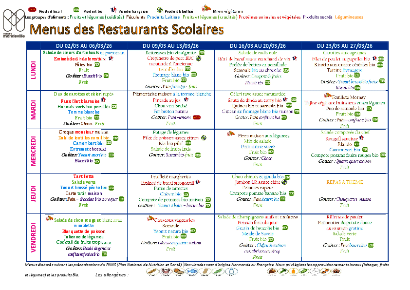Menus du 2 au 27 mars 2026