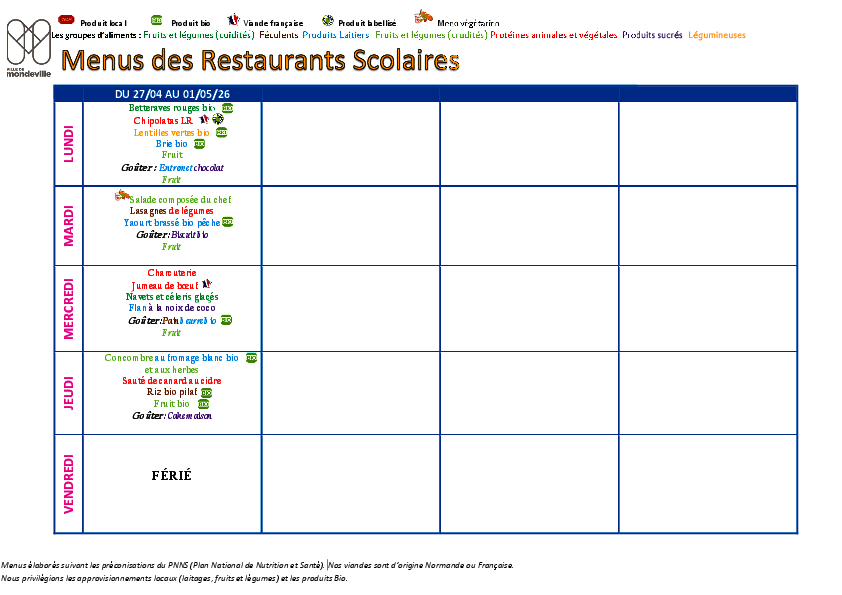 Menus du 27 au 30 avril 2026