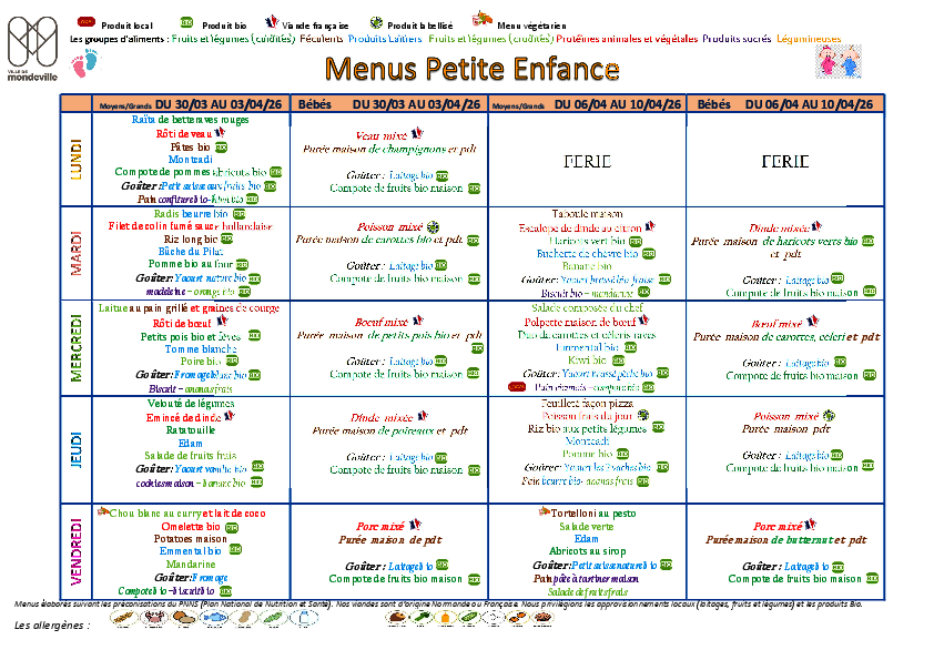 Menus du 30 mars au 10 avril 2026