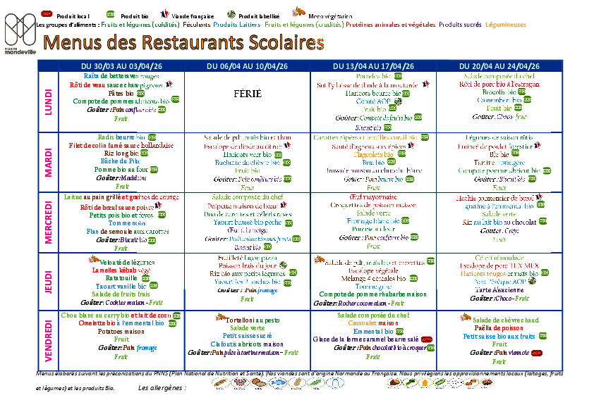 Menus du 30 mars au 24 avril 2026