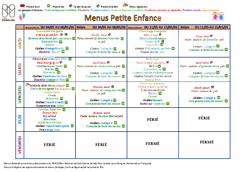 Menus du 4 au 15 mai 2026