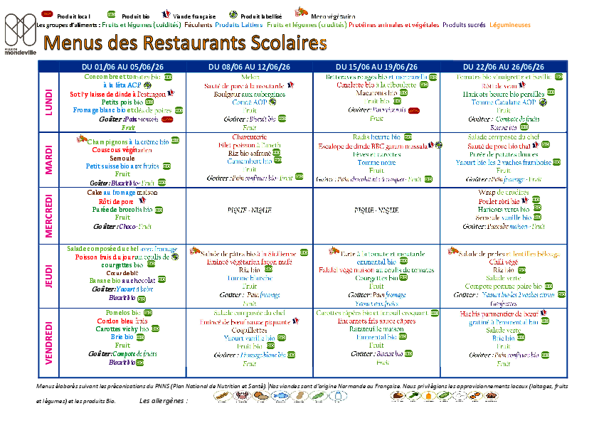 Menus du 1er juin au 3 juillet 2026