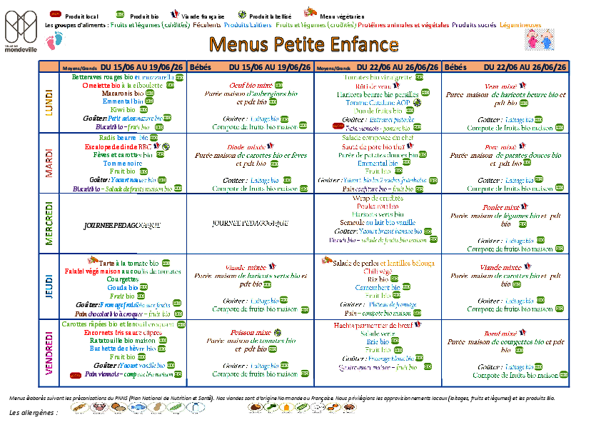 Menus du 15 au 26 juin 2026