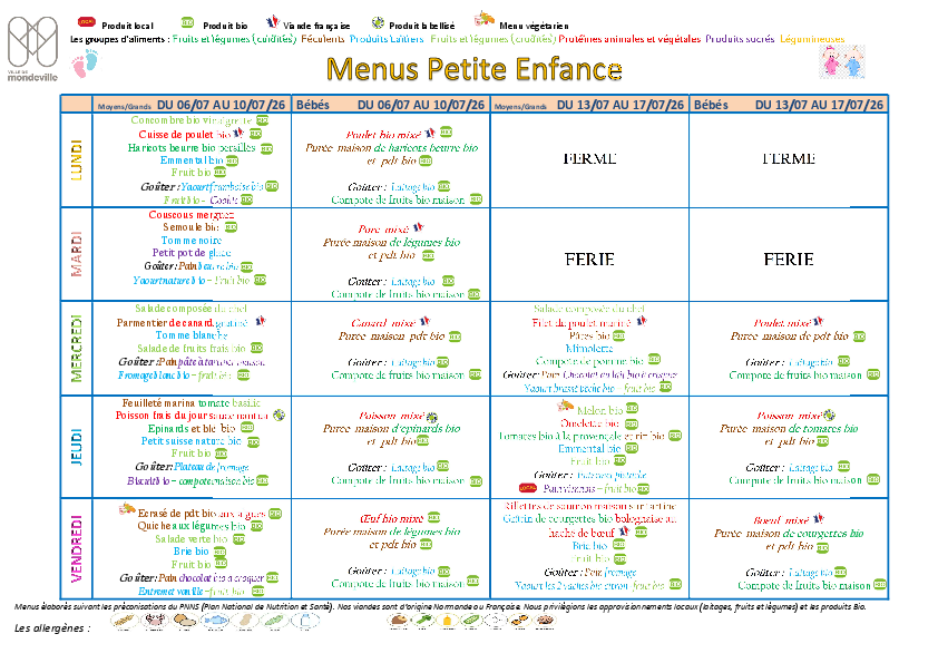 Menus du 6 au 17 juillet 2026