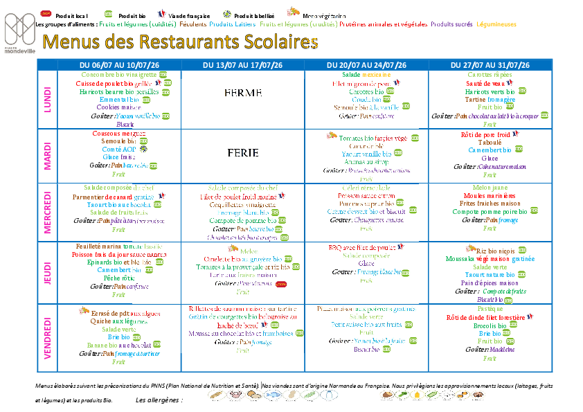 Menus du 6 au 31 juillet 2026