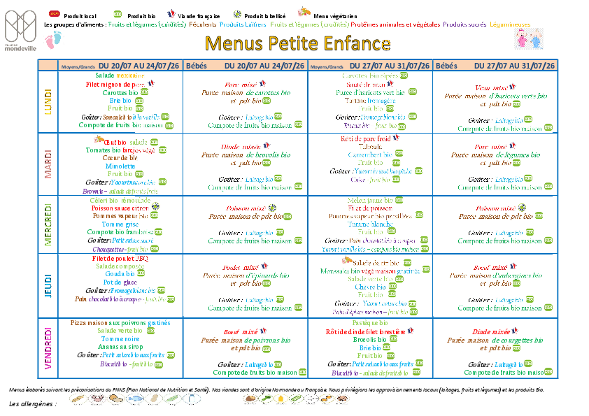 Menus du 20 au 31 juillet 2026