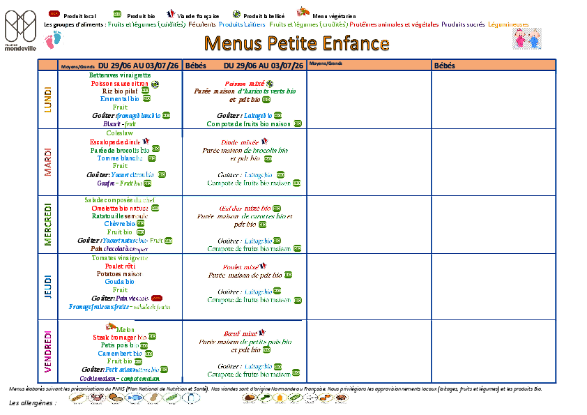 Menus du 29 juin au 3 juillet 2026