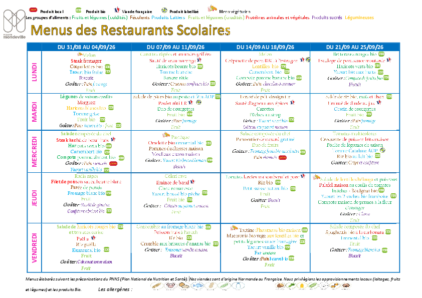 Menus du 31 août au 2 octobre 2026