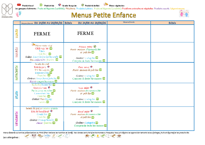 Menus du 24 au 28 août 2026