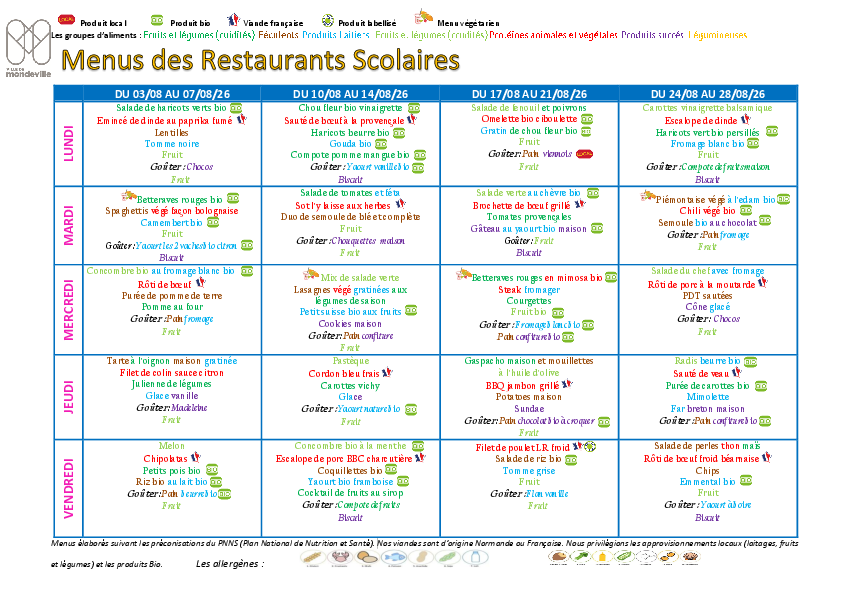 Menus du 3 au 31 août 2026
