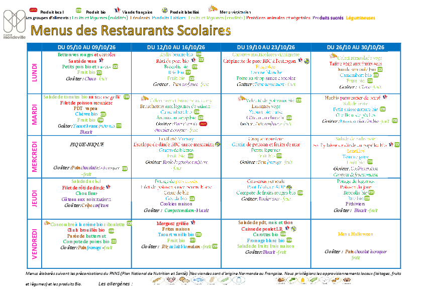 Menus du 5 au 30 octobre 2026