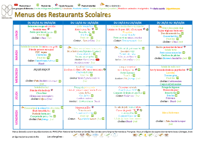 Menus du 5 au 30 octobre 2026