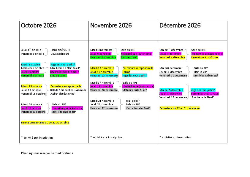 Planning octobre à décembre 2026