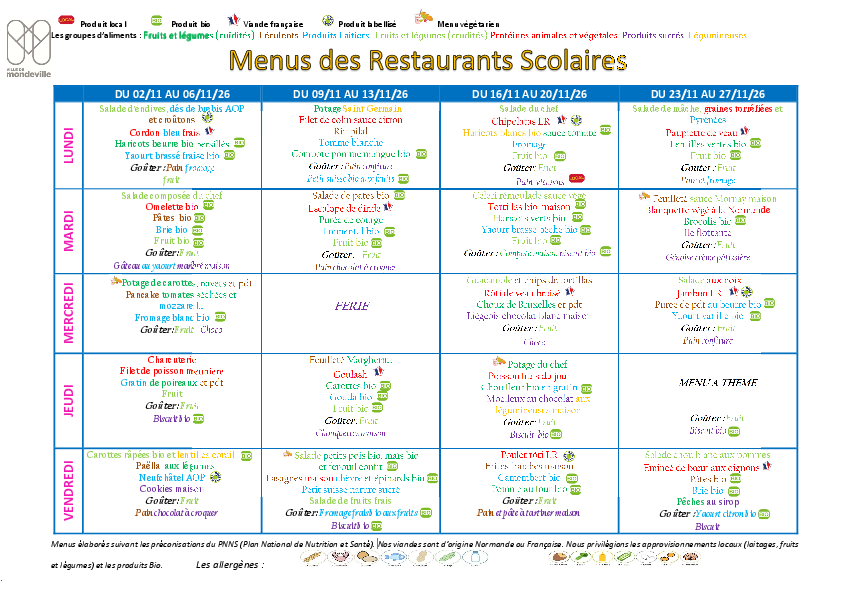 Menus du 2 au 27 novembre 2026